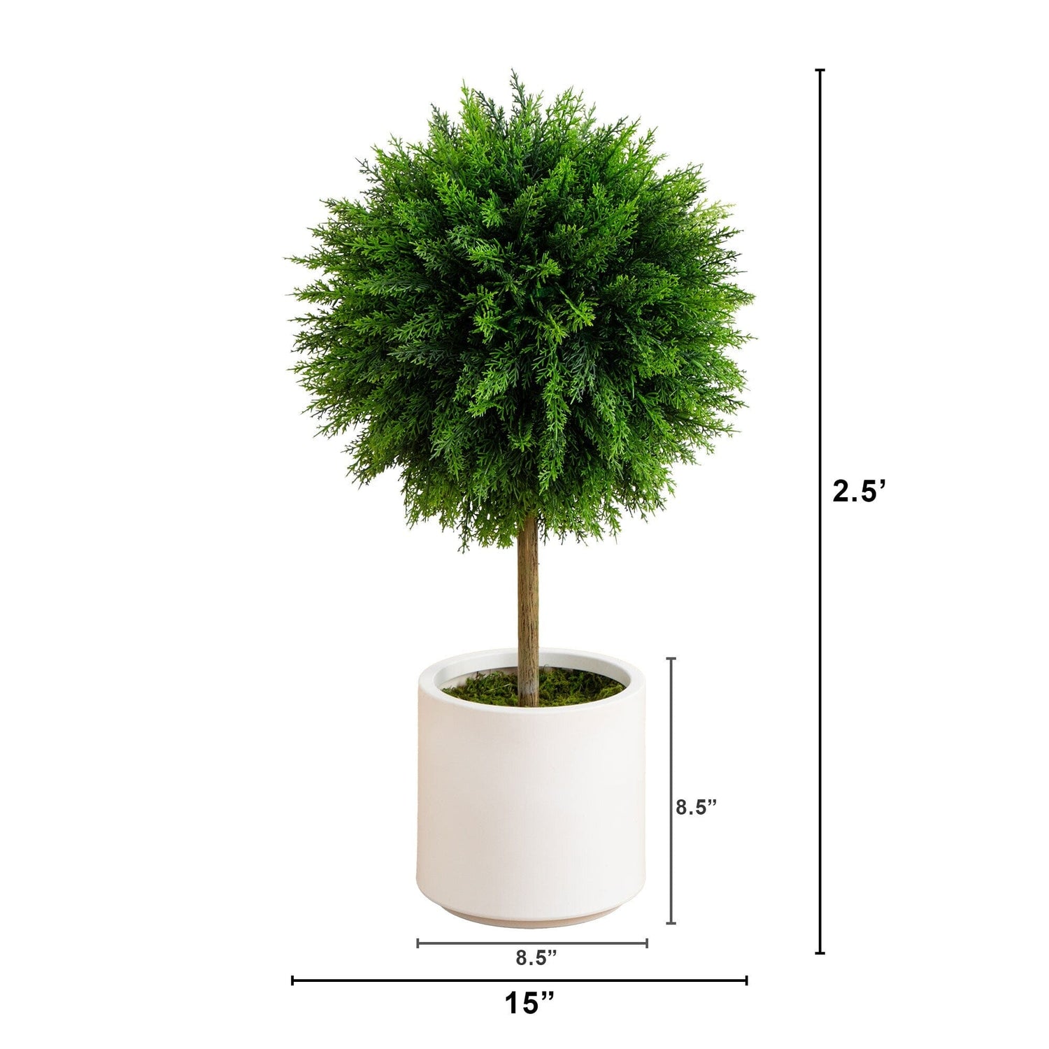 2.5’ UV Resistant Artificial Cedar Ball Topiary Tree in White Decorative Planter (Indoor/Outdoor)