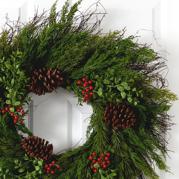 26'' Cypress with Berries and Pine Cones Artificial Wreath