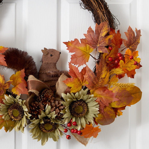 26” Fall Harvest Artificial Autumn Wreath with Twig Base and Squirrel