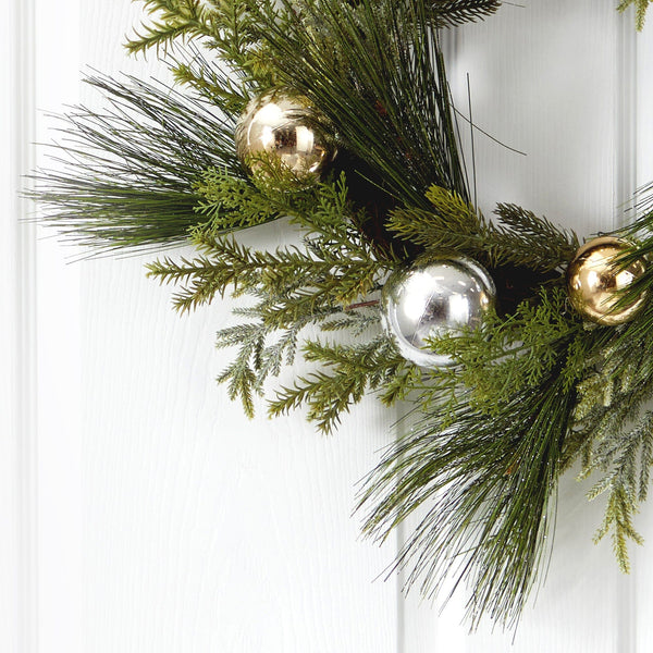 26” Sparkling Pine Artificial Wreath with Decorative Ornaments