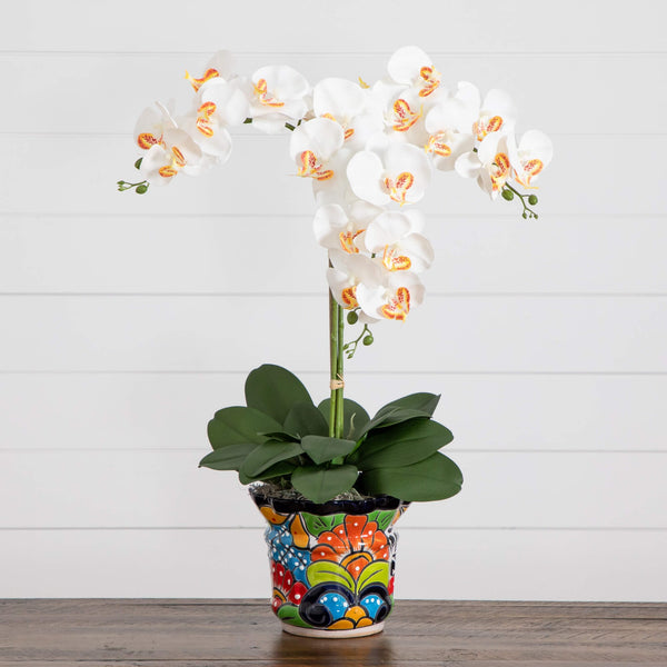 27” Artificial Triple Orchid Arrangement in Handmade Mexican Talavera Ceramic Planter