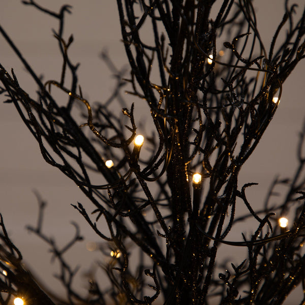 3’ Pre-Lit Halloween Black Twig Artificial Fall Tree in Burlap Planter with 52 Warm White LED Lights