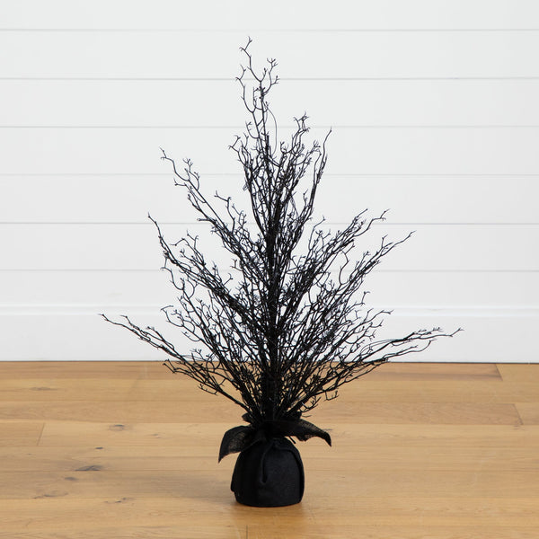 3’ Pre-Lit Halloween Black Twig Artificial Fall Tree in Burlap Planter with 52 Warm White LED Lights