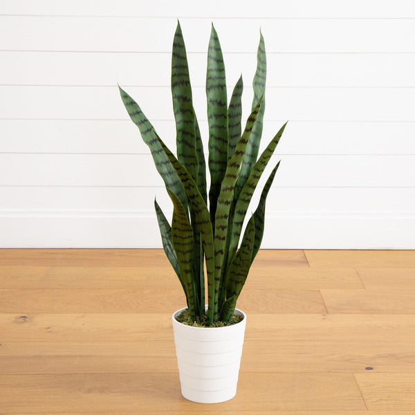 3' UV Resistant Artificial Sansevieria Plant in White Decorative Planter (Indoor/Outdoor)