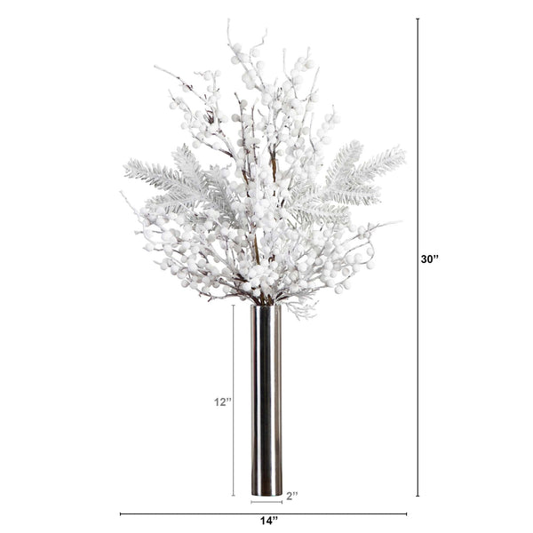 30” Artificial Flocked Berry Arrangement in Cylinder Chrome Vase