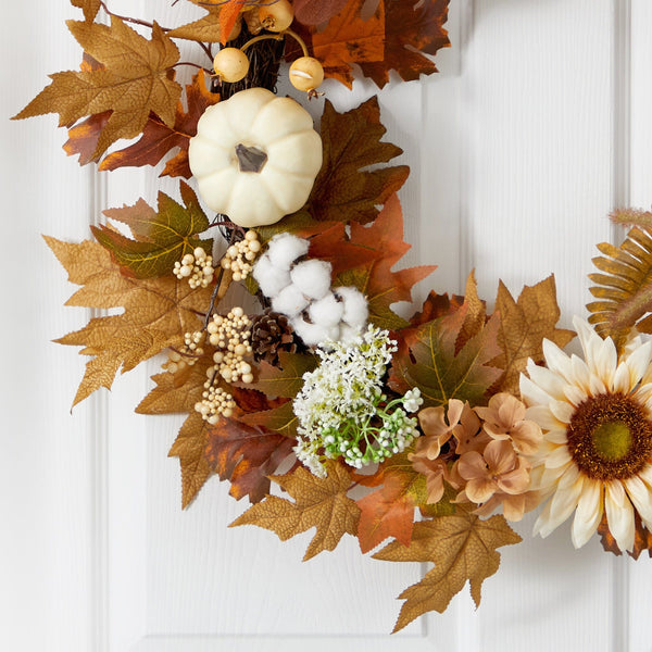 30” Autumn Sunflower, White Pumpkin and Berries Artificial Fall Wreath