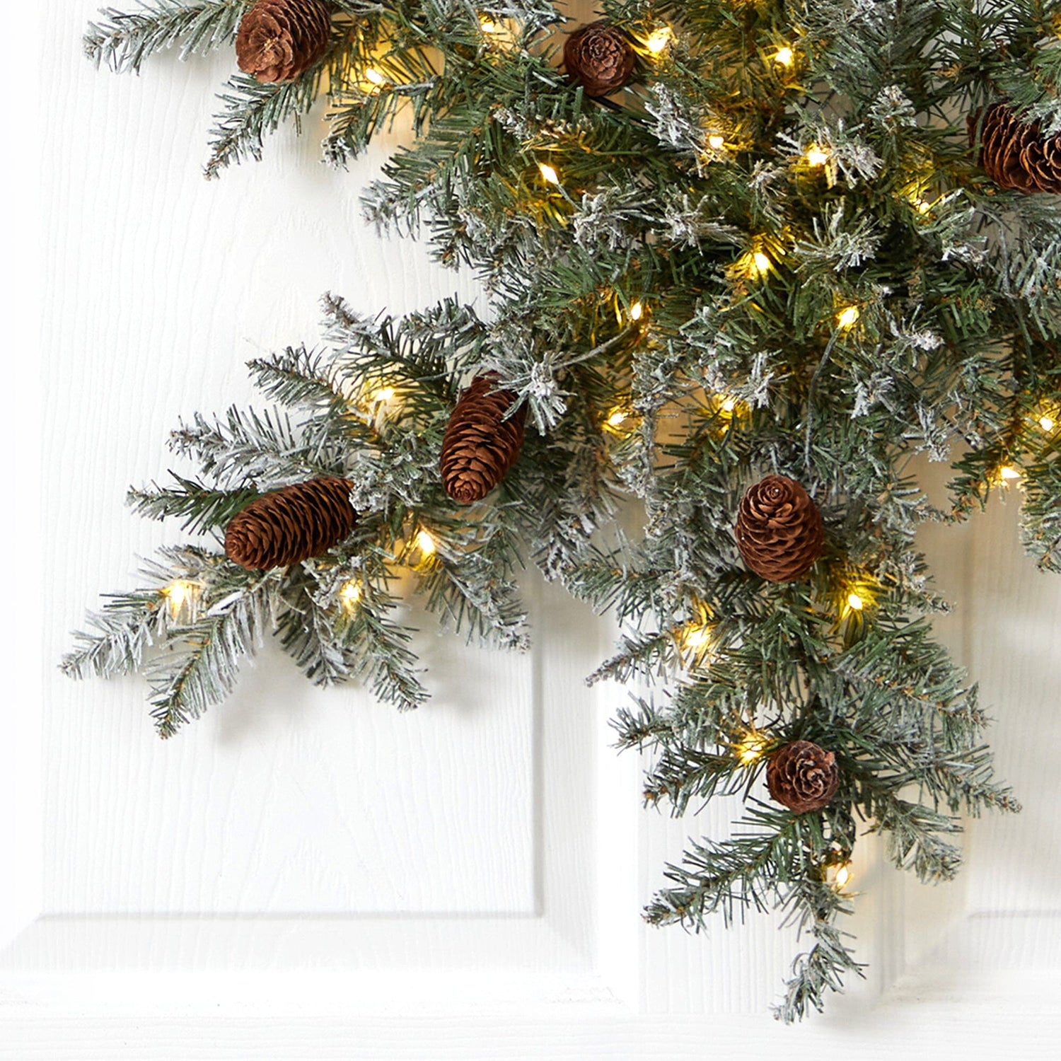 30” Pre-Lit Flocked Snowflake Artificial Dunhill Fir Wreath with Pinecones and 40 LED Lights