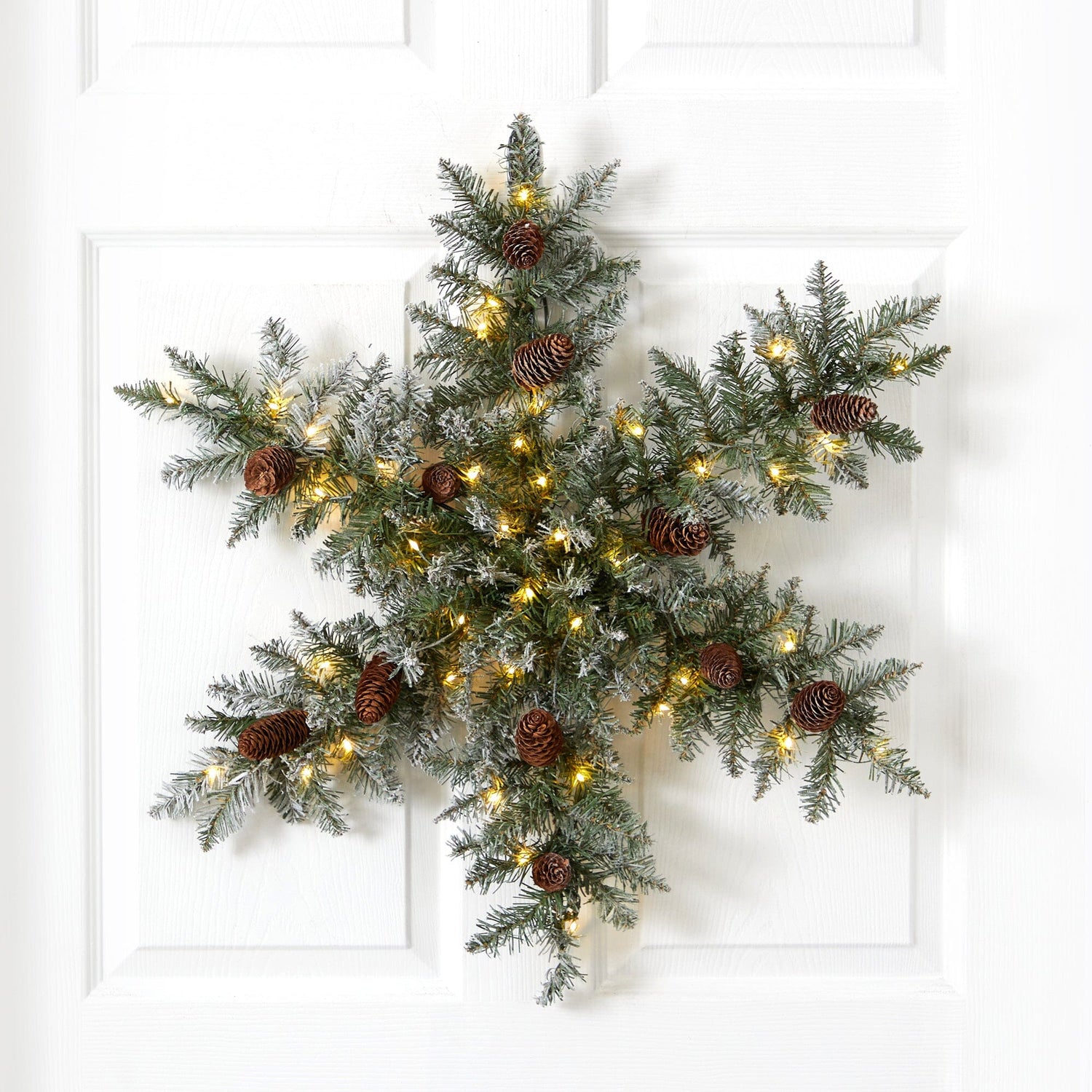 30” Pre-Lit Flocked Snowflake Artificial Dunhill Fir Wreath with Pinecones and 40 LED Lights