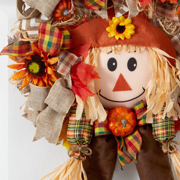 30” Scarecrow Fall Artificial Autumn Wreath with Sunflower, Pumpkin and Decorative Bows