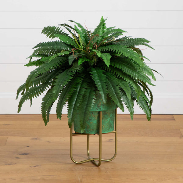 31” Artificial Boston Fern in Patina Metal Planter with Stand