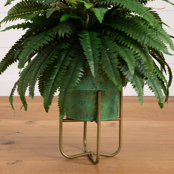 31” Artificial Boston Fern in Patina Metal Planter with Stand