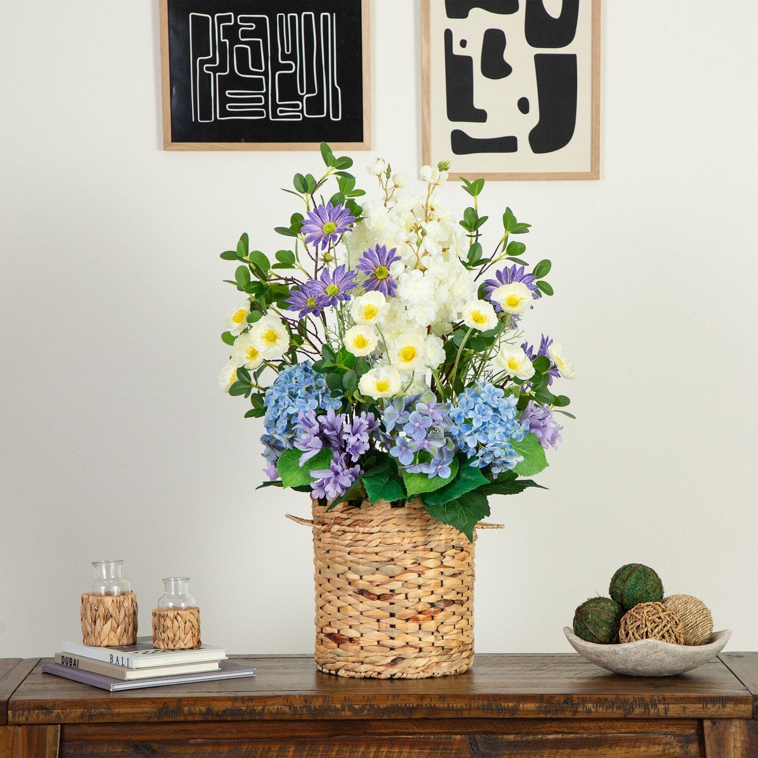 31” Artificial Mixed Flower & Hydrangea Arrangement in Hyacinth Weave Basket