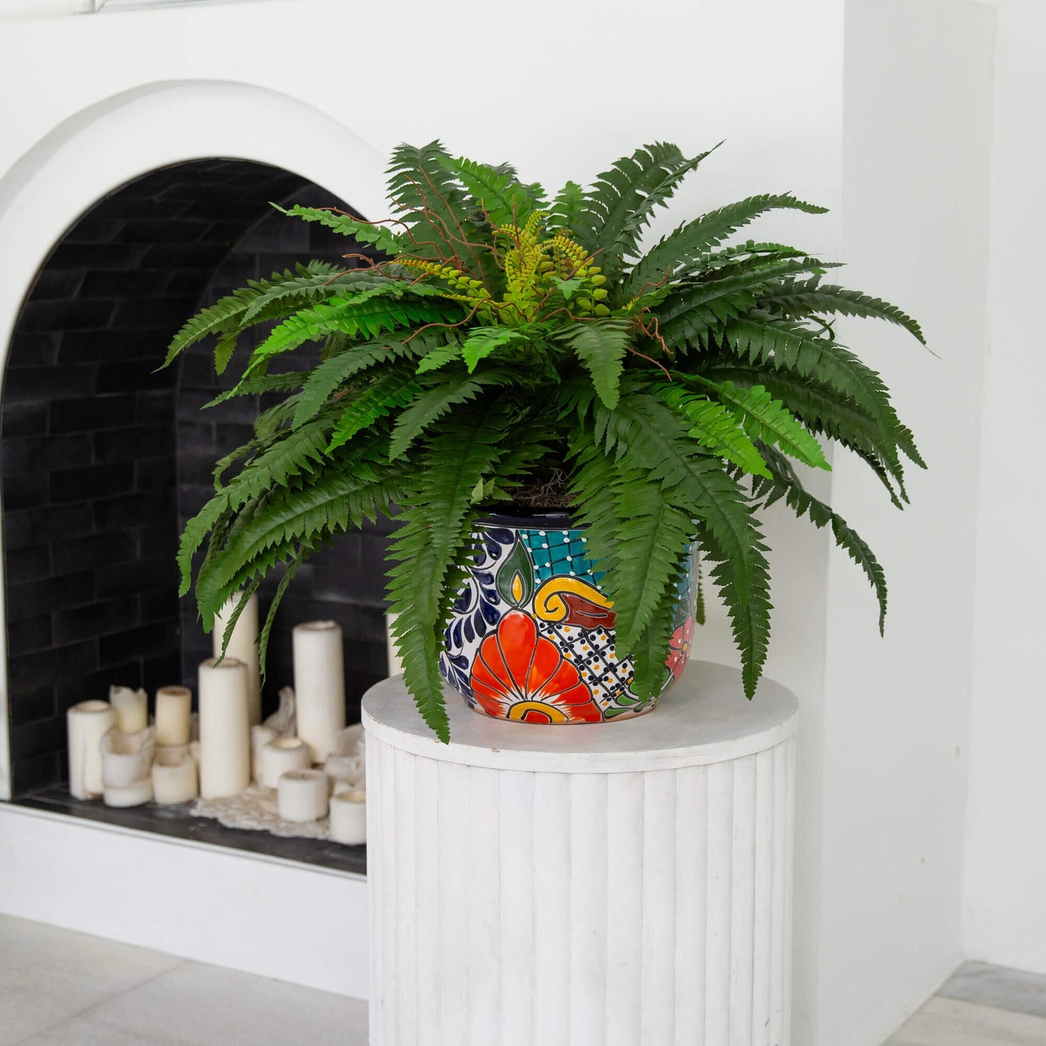 32” Artificial Double Boston Fern in Handmade Mexican Talavera Ceramic Planter