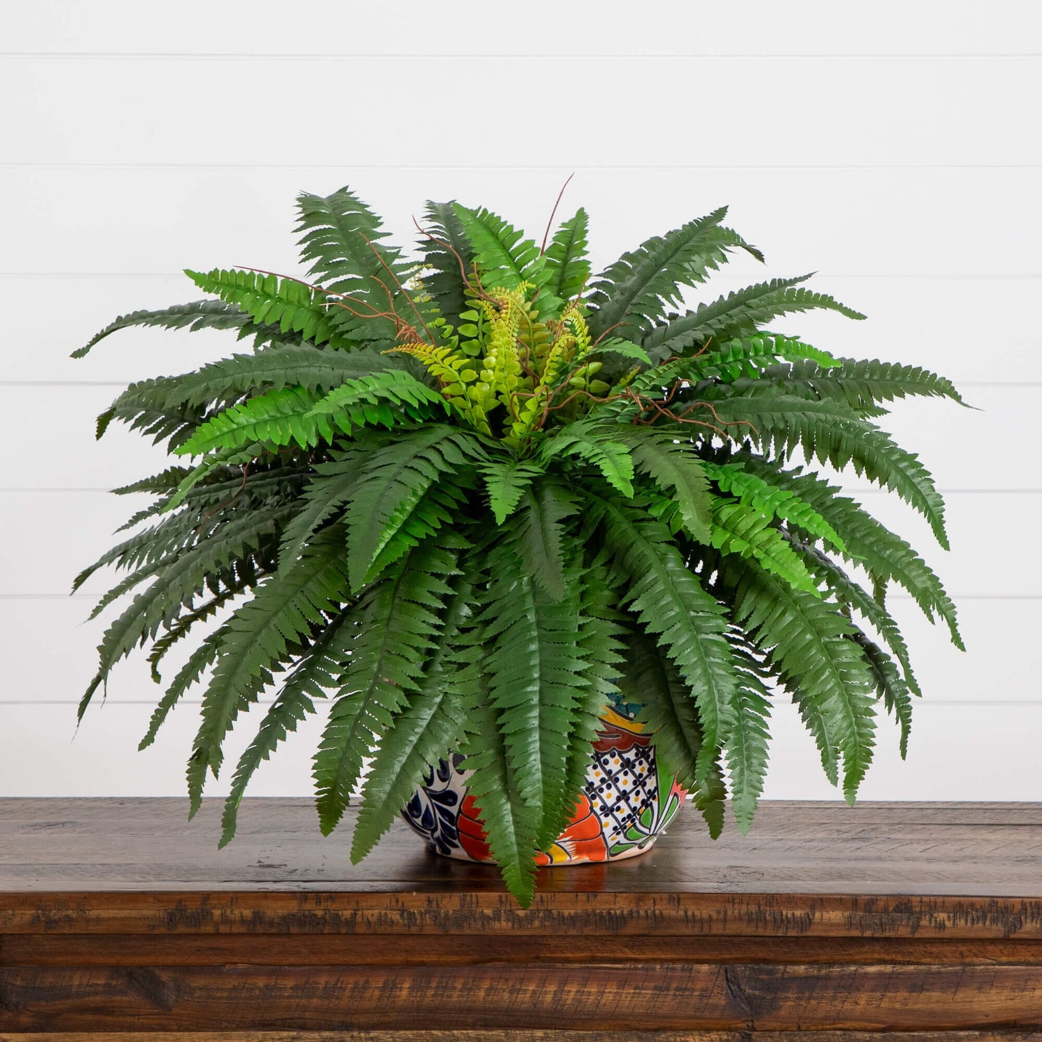 32” Artificial Double Boston Fern in Handmade Mexican Talavera Ceramic Planter