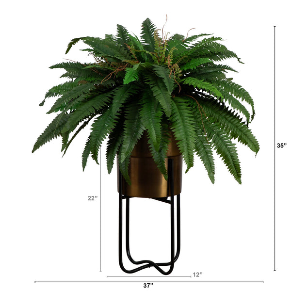 35” Artificial Boston Fern in Brass Metal Planter with Stand