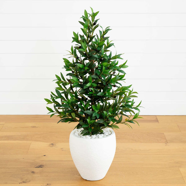 3.5’ Olive Cone Topiary Artificial Tree in White Planter (Indoor/Outdoor)