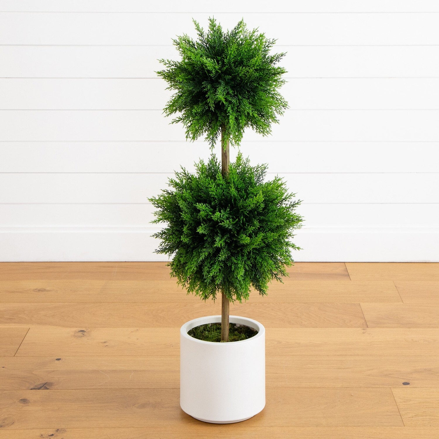 3.5’ UV Resistant Artificial Cedar Double Ball Topiary Tree in White Decorative Planter