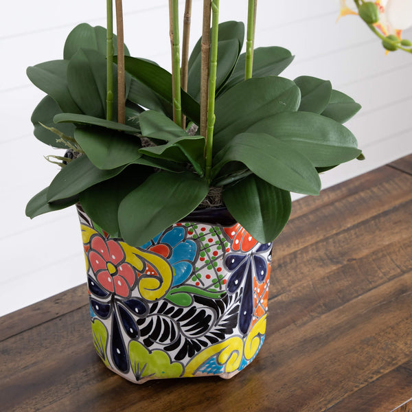 36” Artificial Large Orchid Arrangement in Handmade Mexican Talavera Ceramic Planter