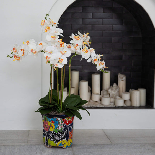 36” Artificial Large Orchid Arrangement in Handmade Mexican Talavera Ceramic Planter