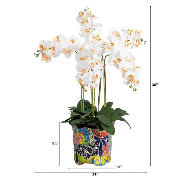 36” Artificial Large Orchid Arrangement in Handmade Mexican Talavera Ceramic Planter