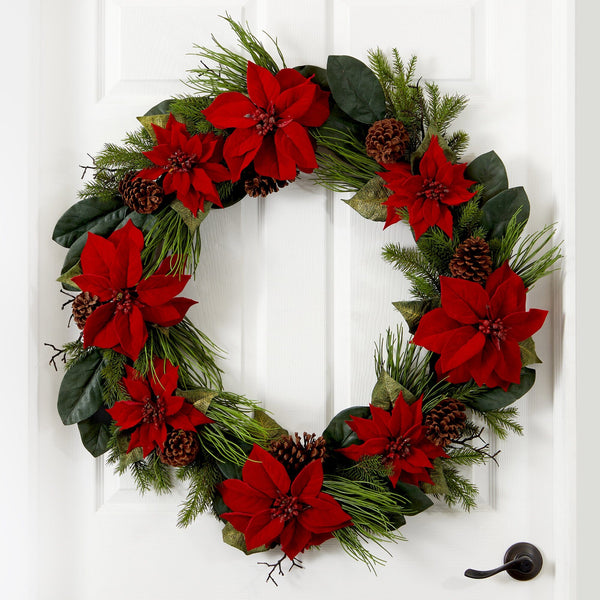 36” Poinsettia and Pine Wreath