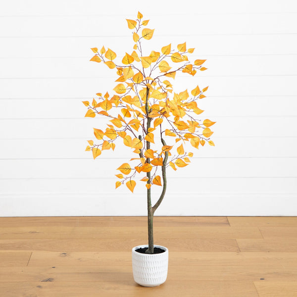 4’ Autumn Birch Artificial Fall Tree in White Decorative Planter