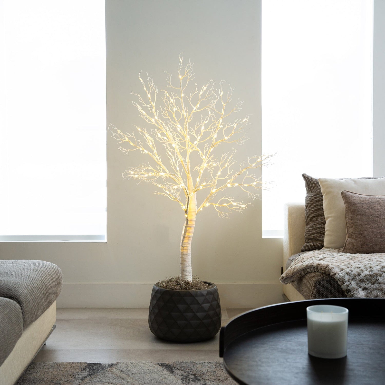 4’ Pre-Lit Artificial White Twig Tree with 160 Warm White LED Lights