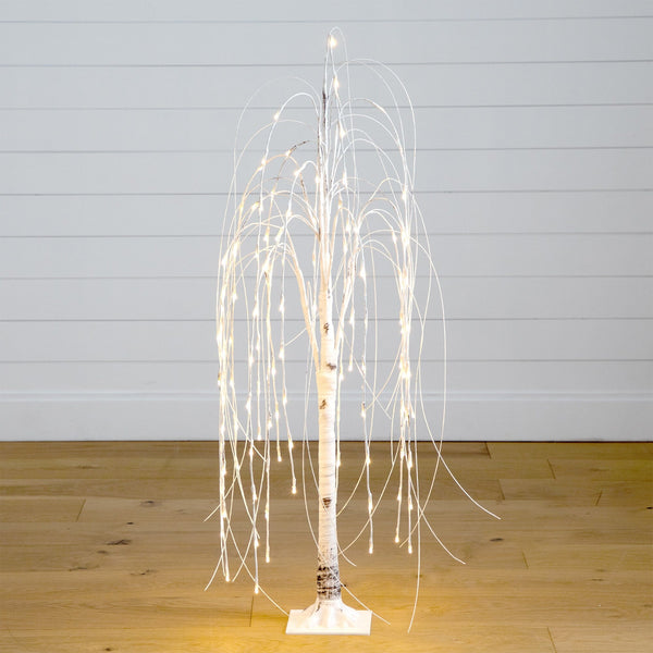 4’ Pre-Lit Artificial White Weeping Willow Tree with 120 Warm White LED Lights