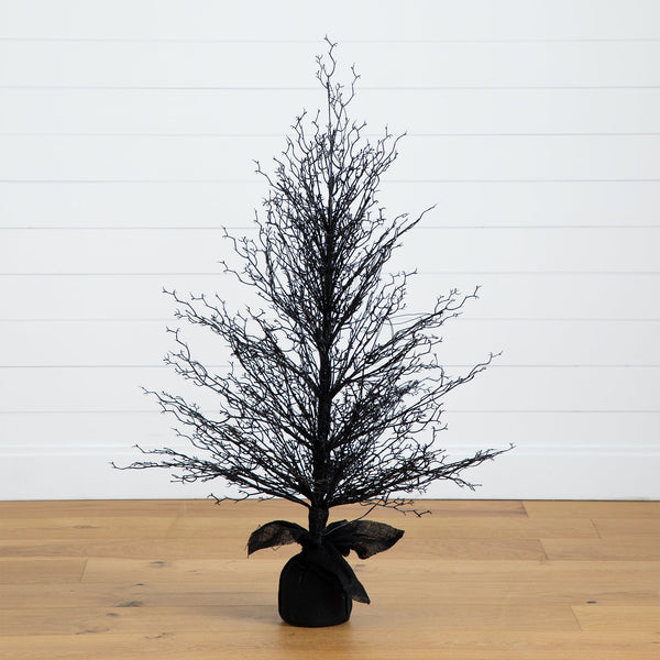 4’ Pre-Lit Halloween Black Twig Artificial Fall Tree in Burlap Planter with 63 Warm White LED Lights