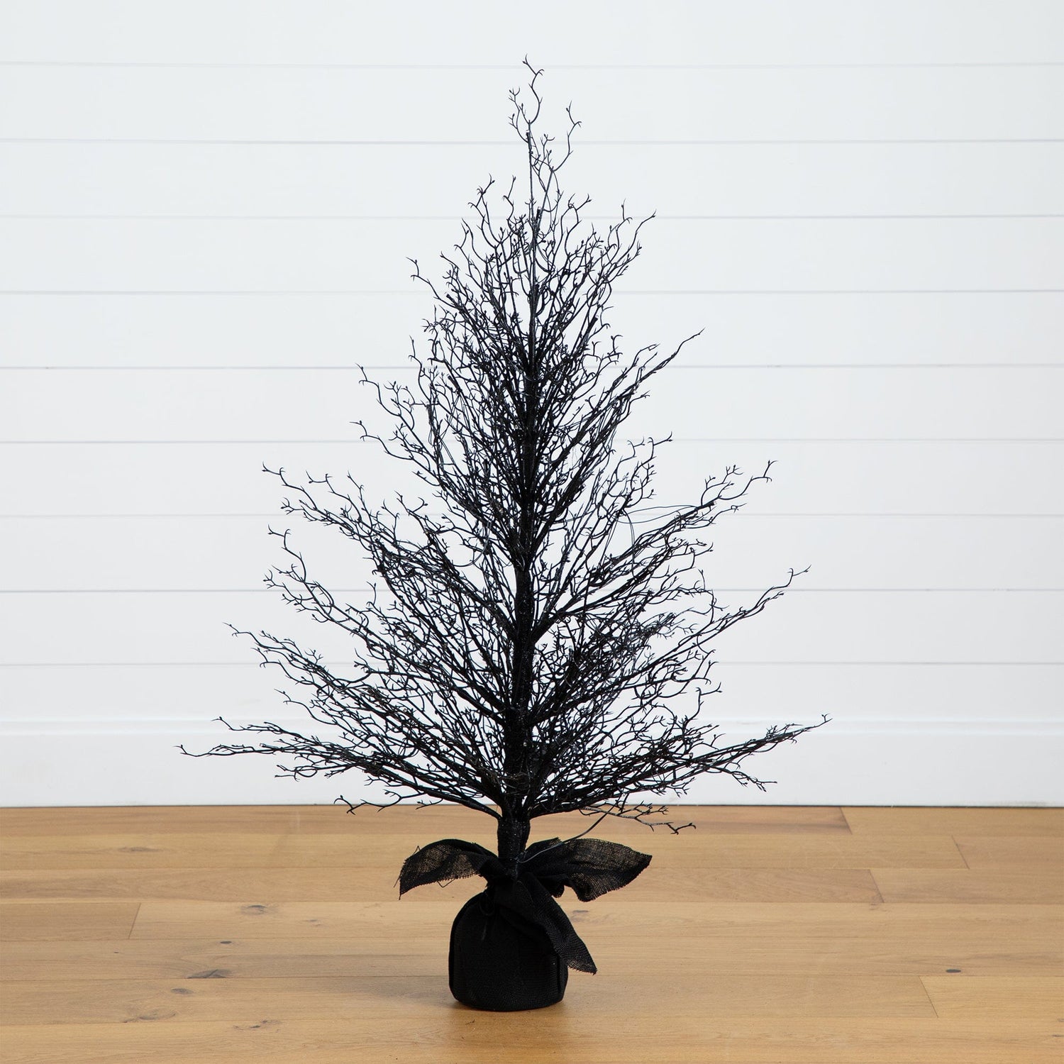 4’ Pre-Lit Halloween Black Twig Artificial Fall Tree in Burlap Planter with 63 Warm White LED Lights