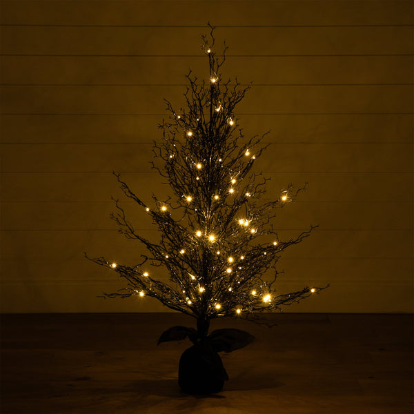 4’ Pre-Lit Halloween Black Twig Artificial Fall Tree in Burlap Planter with 63 Warm White LED Lights