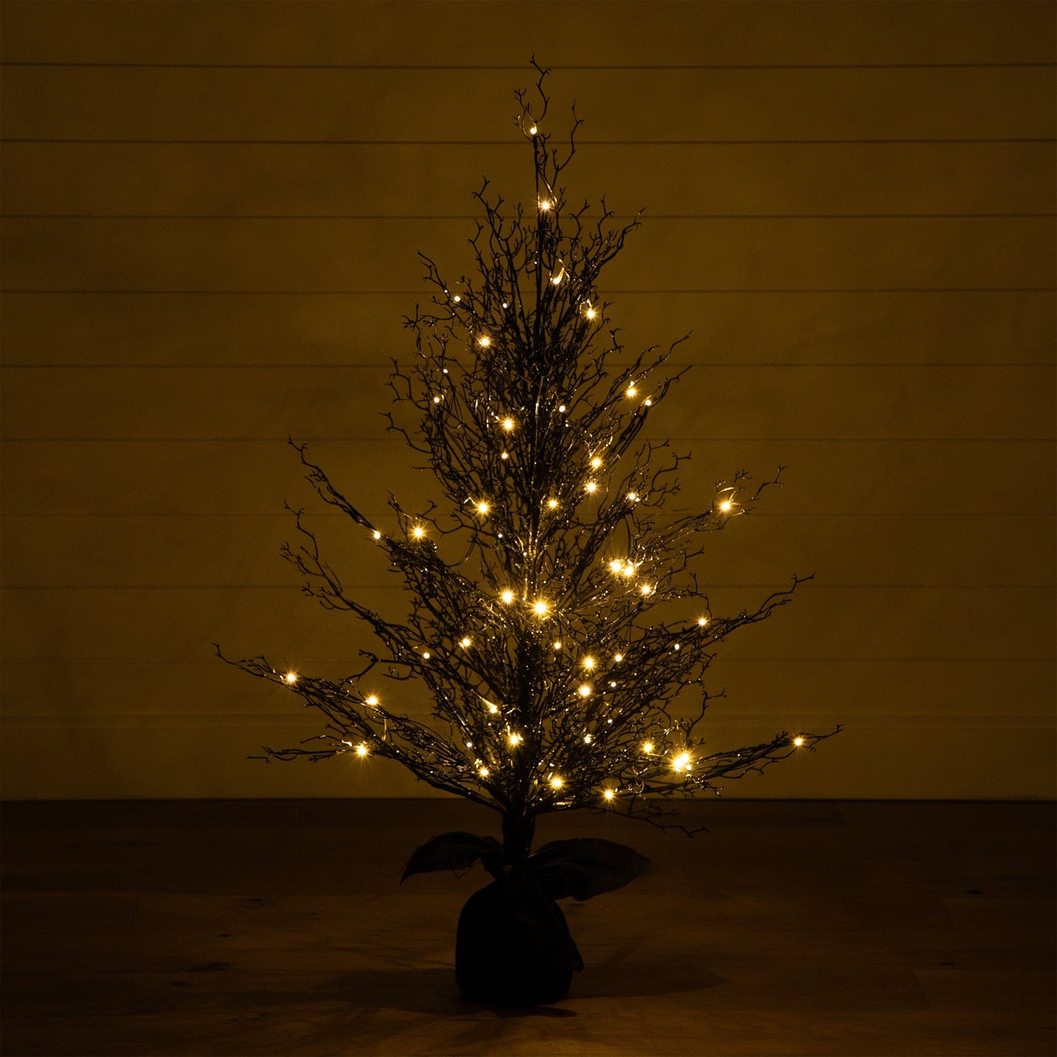 4’ Pre-Lit Halloween Black Twig Artificial Fall Tree in Burlap Planter with 63 Warm White LED Lights