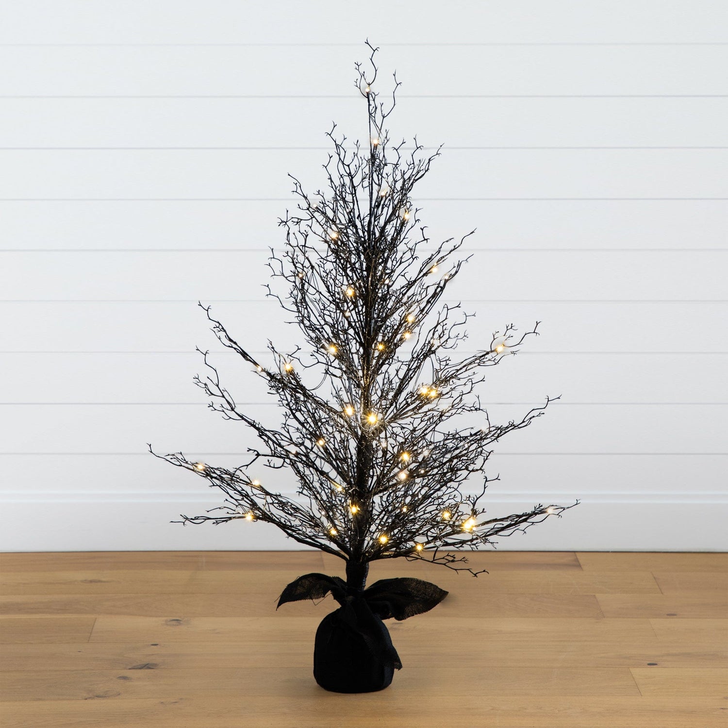 4’ Pre-Lit Halloween Black Twig Artificial Fall Tree in Burlap Planter with 63 Warm White LED Lights