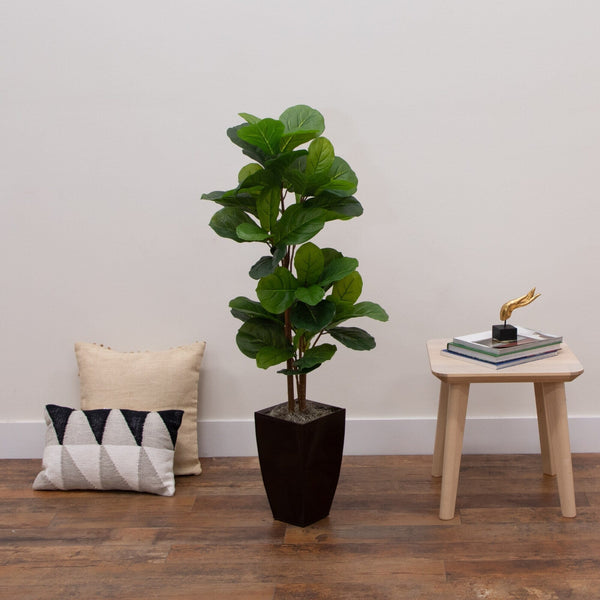 45” Artificial Fiddle Leaf Tree in Bronze Metal Square Planter