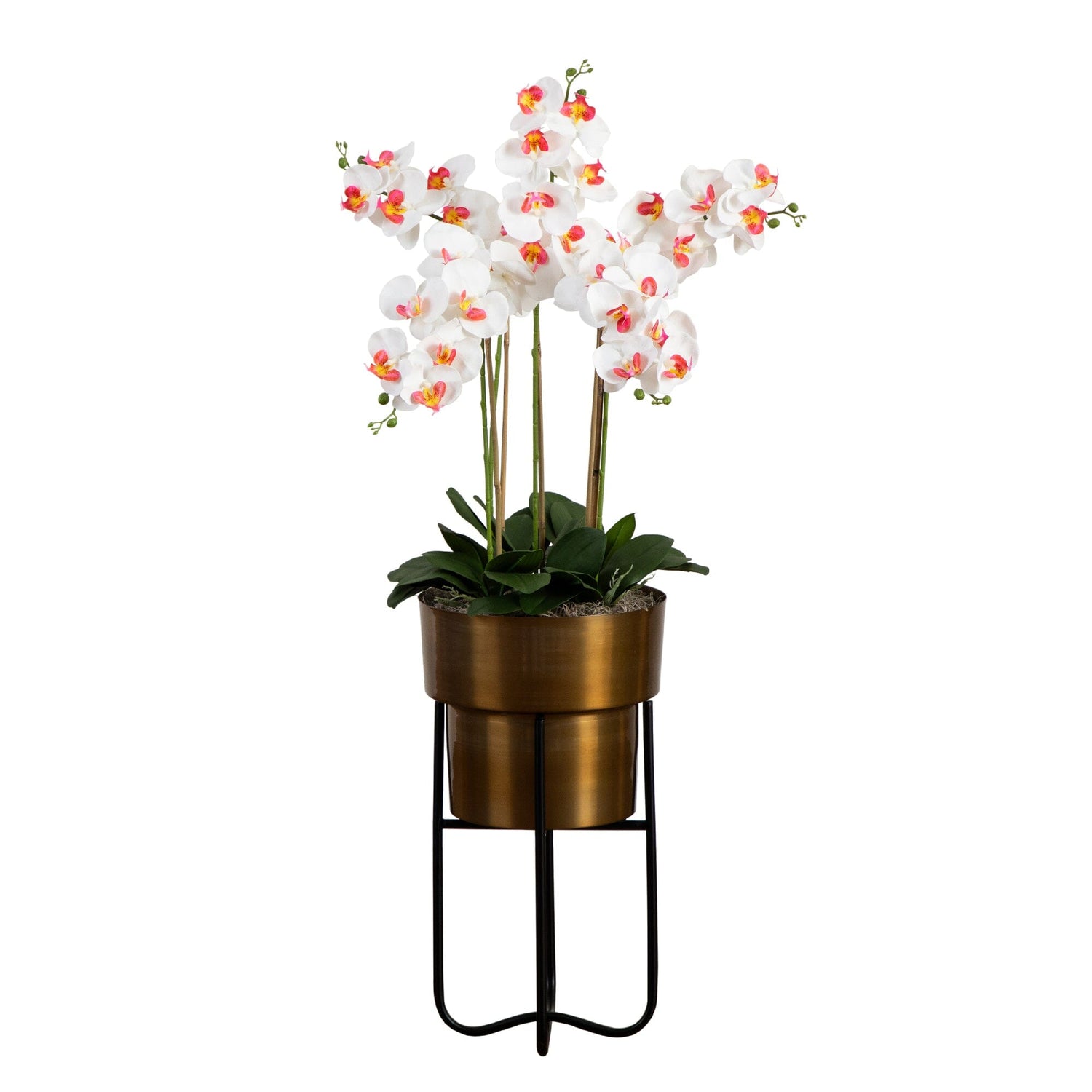 48” Artificial Orchid Arrangement in Brass Metal Planter with Stand