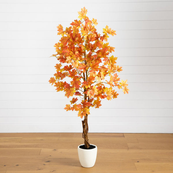 5’ Artificial Fall Double Trunk Maple Autumn Tree in Decorative White Planter