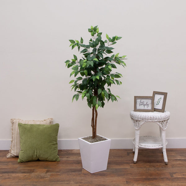 5' Artificial Ficus Tree in White Metal Square Planter