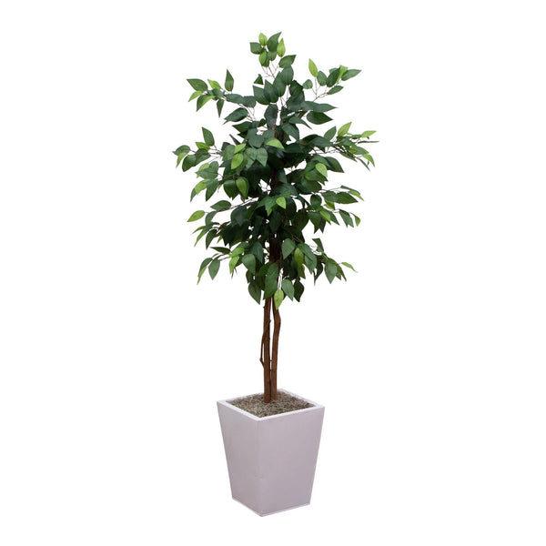 5' Artificial Ficus Tree in White Metal Square Planter