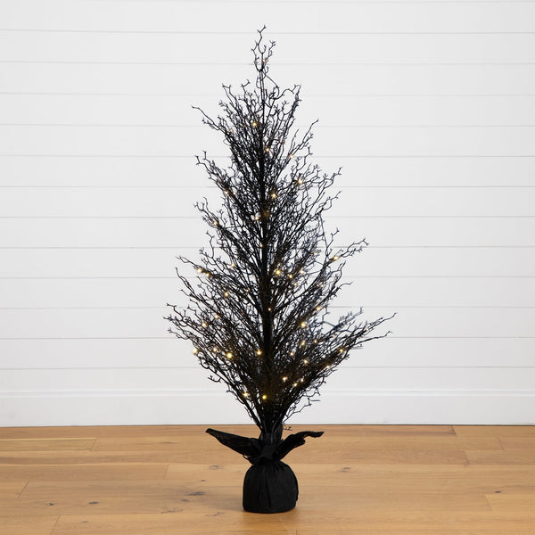 5’ Pre-Lit Halloween Black Twig Artificial Fall Tree in Burlap Planter with 85 Warm White LED Lights