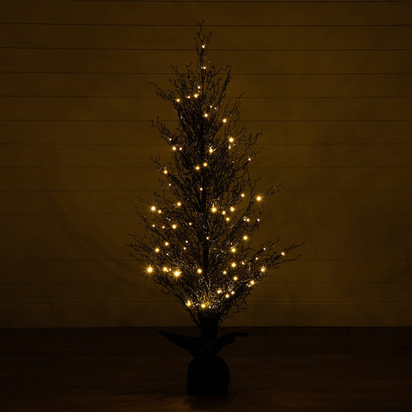 5’ Pre-Lit Halloween Black Twig Artificial Fall Tree in Burlap Planter with 85 Warm White LED Lights