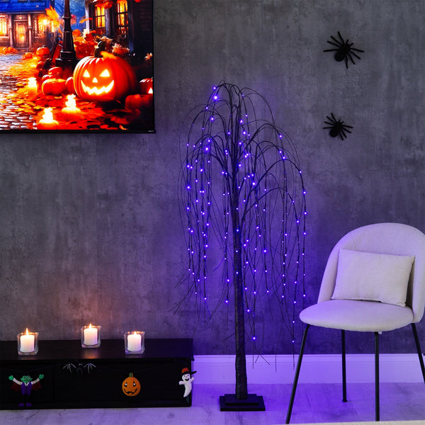 5’ Pre-Lit Halloween Black Willow Artificial Fall Tree with 144 Orange & Purple LED Lights