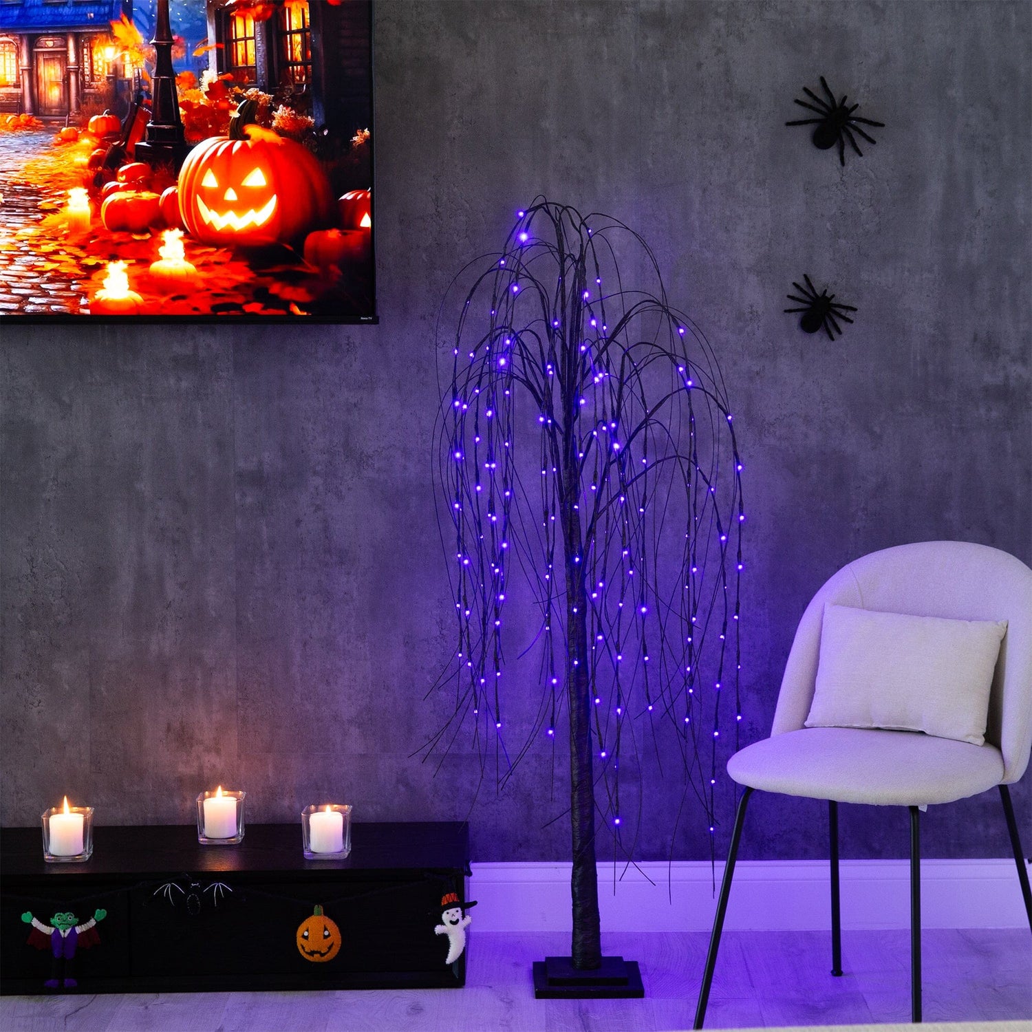 5’ Pre-Lit Halloween Black Willow Artificial Fall Tree with 144 Orange & Purple LED Lights