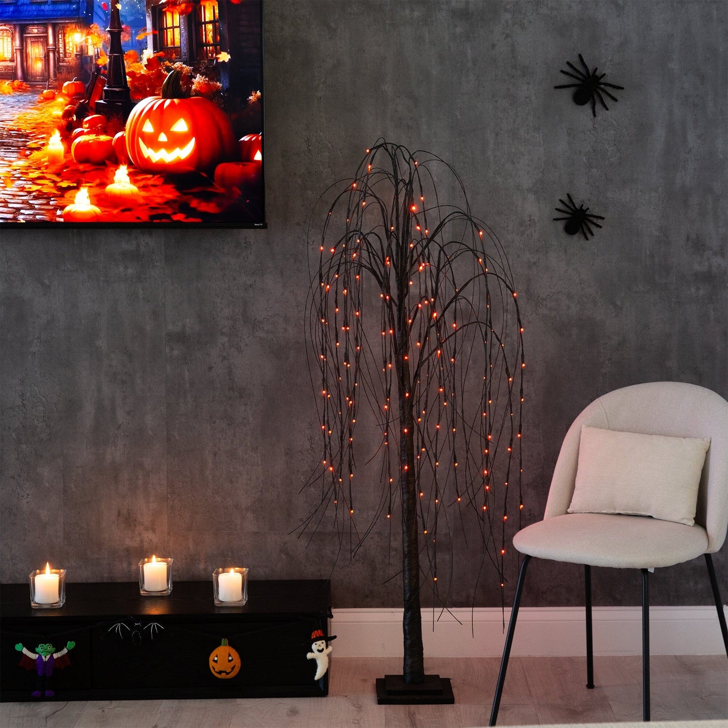 5’ Pre-Lit Halloween Black Willow Artificial Fall Tree with 144 Orange & Purple LED Lights