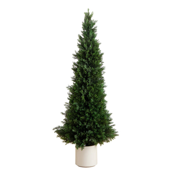 5’ UV Resistant Artificial Cedar Tree in Decorative White Planter (Indoor/Outdoor)