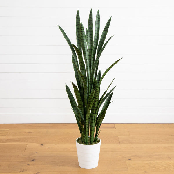 5’ UV Resistant Artificial Sansevieria Plant in White Decorative Planter (Indoor/Outdoor)