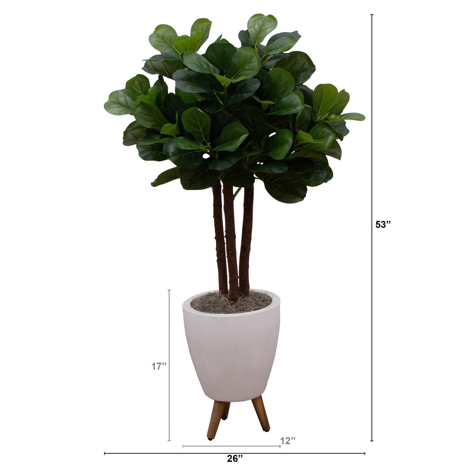 53” Artificial Triple Trunk Fiddle Leaf Fig Tree in White Ceramic Tripod Planter