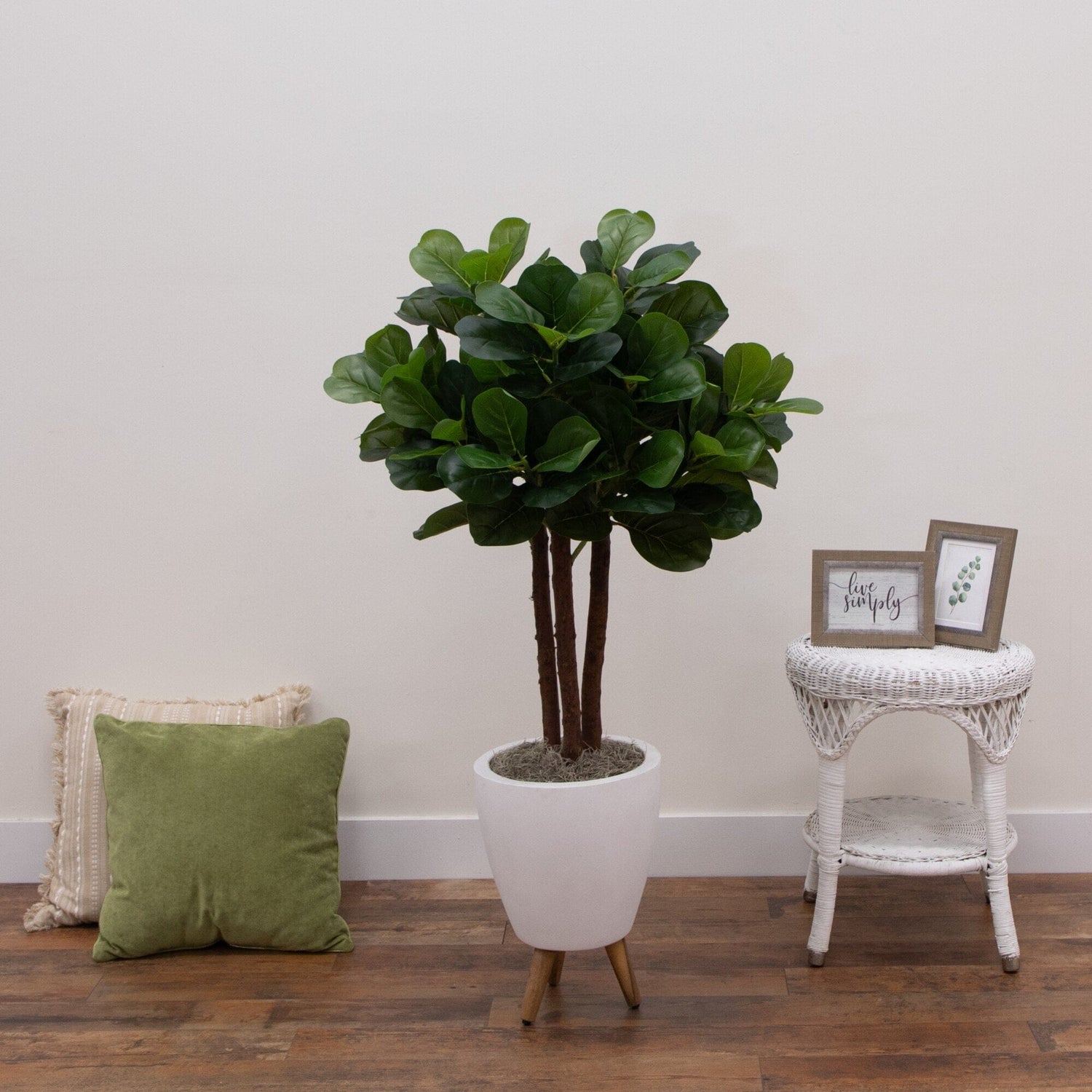 53” Artificial Triple Trunk Fiddle Leaf Fig Tree in White Ceramic Tripod Planter