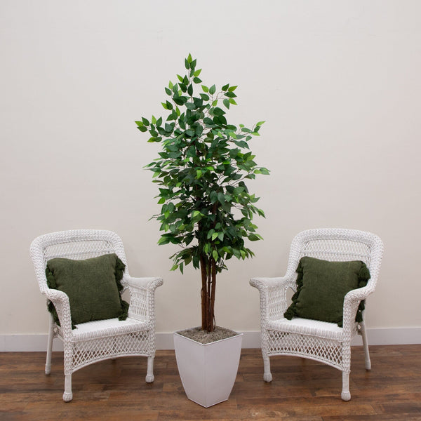 6' Artificial Ficus Tree in White Metal Planter