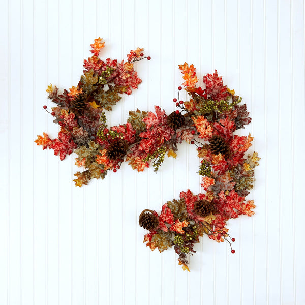 6’ Autumn Maple Leaves, Berry and Pinecones Fall Artificial Garland