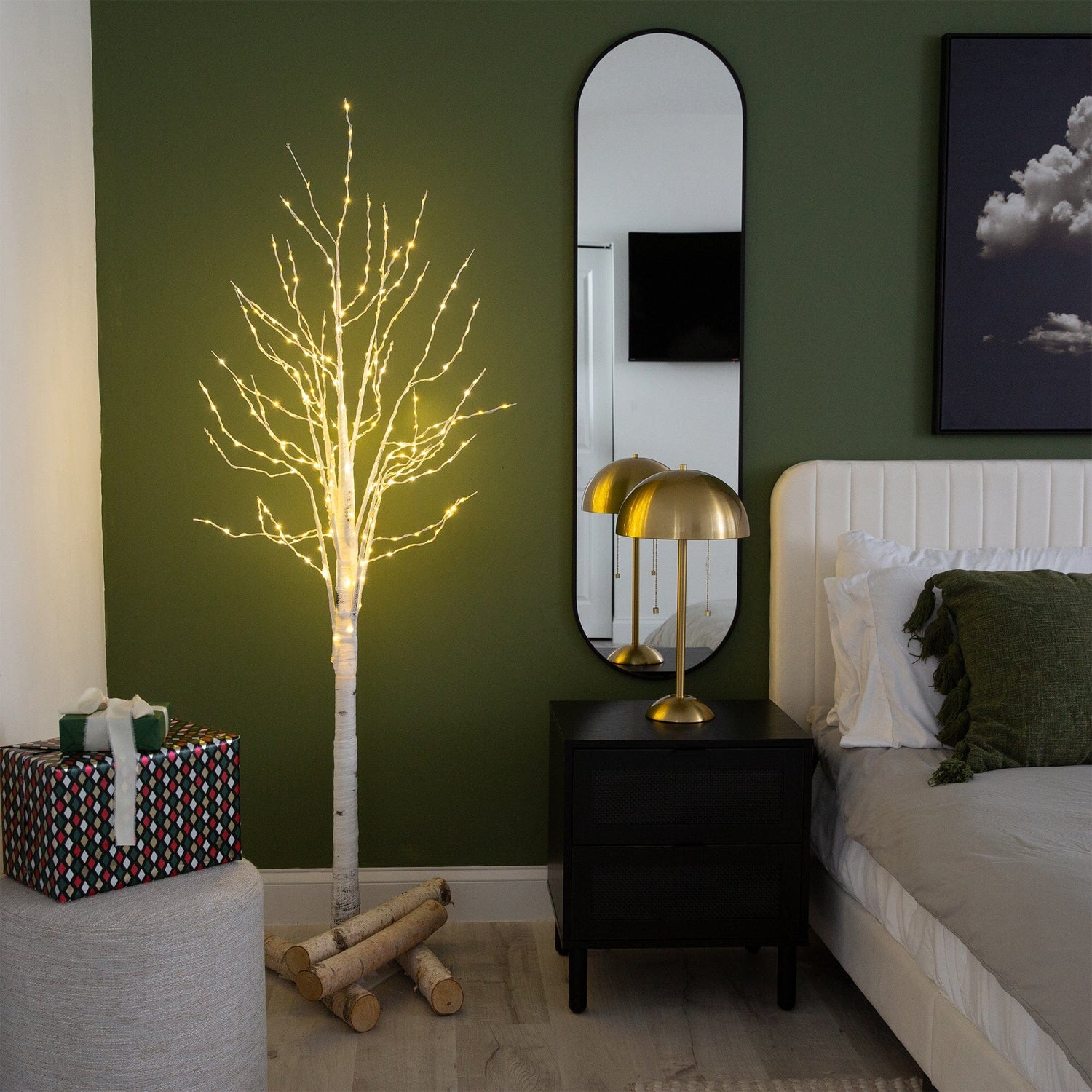 6’ Pre-Lit Artificial White Birch Tree with 300 Warm White LED Lights